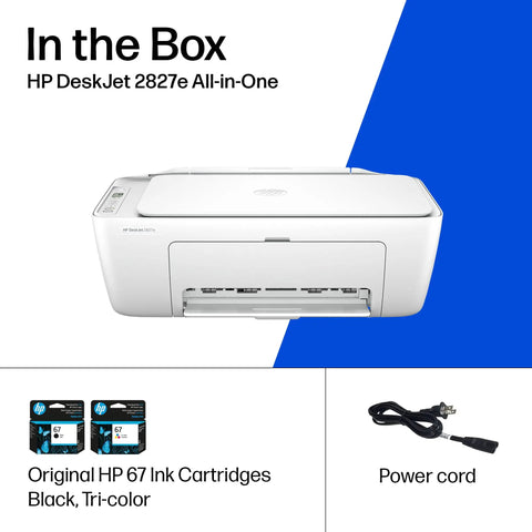 DeskJet 2827e Wireless All In One Color Printer With Scanner And Copier For Home Use AI Enabled 3 Month Instant Ink Trial Included Easy Setup Fast Color And Black Printing Great For Docs And Photos with ink cartridges and power cord
