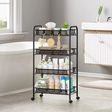 Four Tier Metal Utility Cart On Wheels With Mesh Wire Shelves in bathroom next to white bathtub and cabinet