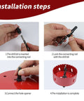 Red 6.1-inch bi-metal hole saw with arbor and pilot bit shown in four-step installation sequence