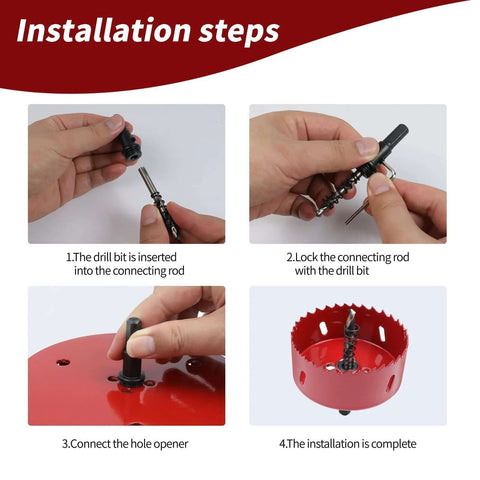 Red 6.1-inch bi-metal hole saw with arbor and pilot bit shown in four-step installation sequence