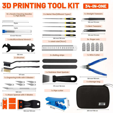 Ultimate All In One 50 Piece 3D Printer Tool Kit For Cleaning And Finishing with various tools displayed, including nozzles, files, cutters.