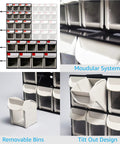 Super Easy Tilt Out Storage Cabinet With Six Smooth Glide Drawer Bins For Small Parts Sorting Stackable Plastic Craft Organizer Box With Quick Connect Modular Rack System Black showcasing modular system and removable bins.