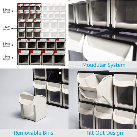 Super Easy Tilt Out Storage Cabinet With Six Smooth Glide Drawer Bins For Small Parts Sorting Stackable Plastic Craft Organizer Box With Quick Connect Modular Rack System Black showcasing modular system and removable bins.
