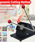 Square Magnet Button Cutter For Paper And Photos, 2x2 Inch Punch Cutter with red handles and paper examples, ergonomic cutting method