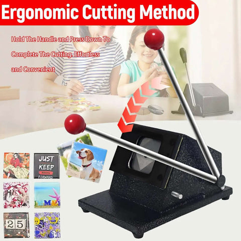 Square Magnet Button Cutter For Paper And Photos, 2x2 Inch Punch Cutter with red handles and paper examples, ergonomic cutting method