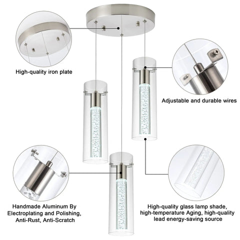 Brushed Nickel Crystal Pendant Light With Adjustable Rod, Modern LED Fixture For Kitchen Island, 8W 6000K Warm White