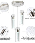 Three Light Bubble Cylinder LED Pendant Light In Brushed Nickel With Adjustable Length For Kitchen Island, Dining Room, And Bedroom Modern Pendant Ceiling Fixture components detail.