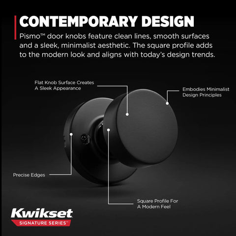 Contemporary Pismo Matte Black Dummy Door Knob For Interior Doors with minimalist design annotations.