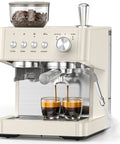 Front view of almond 15 Bar Espresso Machine With Built-In Anti-Clog Grinder And Milk Frother Steam Wand, brewing two espressos.