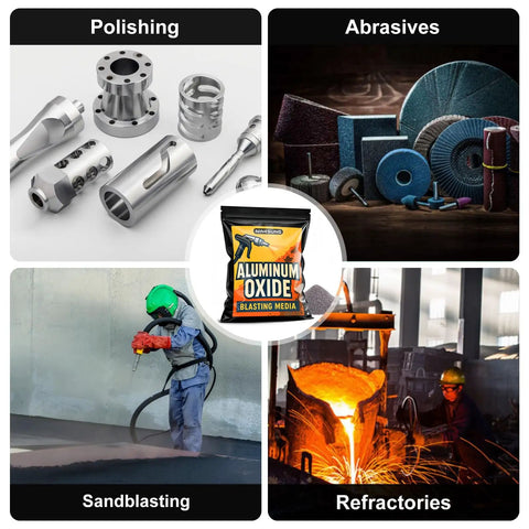 80 Grit Aluminum Oxide Sandblasting Media Pro Grade Heavy Duty For Metal And Glass Prep, visible in use for various applications.