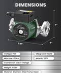 Built Tough 110V Hot Water Recirculating Pump With Rust Proof Stainless Steel Housing and dimensions displayed.