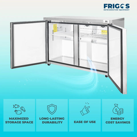Heavy Duty 48 Inch Commercial Undercounter Freezer With Solid Stainless Exterior And Bright Led Lighting For Serious Kitchen Prep Work Etl Rated 11 Point 1 Cubic Foot Storage open doors showcasing interior shelves.
