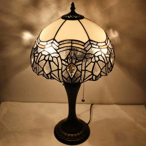 Tiffany Style Table Lamp With White Bent Stained Glass Crystal Shade, 12x12x22 Inches, on vintage bronze base, lit view