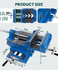 Detailed view of Heavy Duty Cross Slide Drill Press Vise With Six Inch Max Jaw Opening, dimensions shown for precision use.