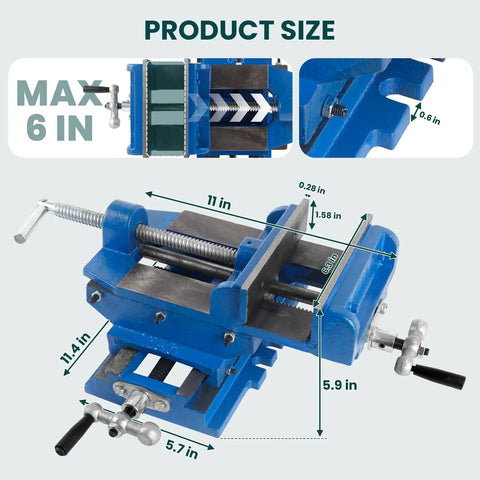 Detailed view of Heavy Duty Cross Slide Drill Press Vise With Six Inch Max Jaw Opening, dimensions shown for precision use.