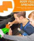 Car door repair using Six Piece Body Filler Spreaders Set For DIY Auto Body Repair, Trapezoid Plastic Applicator Tools.