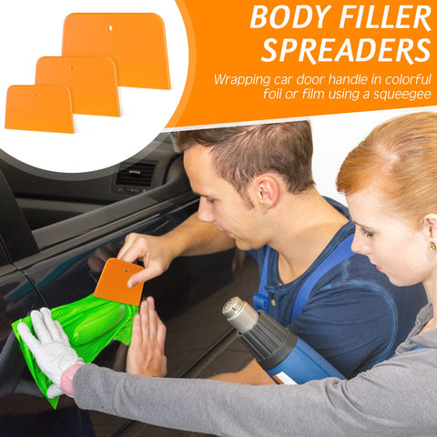 Car door repair using Six Piece Body Filler Spreaders Set For DIY Auto Body Repair, Trapezoid Plastic Applicator Tools.