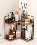 Super Sleek 2 Tier Wooden Corner Shelf For Bathroom Counter And Vanity with skincare products arranged.