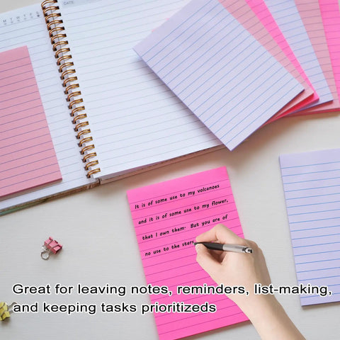 Hand writing on 9 Pack 4x6 Lined Sticky Notes With Super Sticky Adhesive, Large Ruled Memo Pads, Pink Themed Colorful Post It Notes