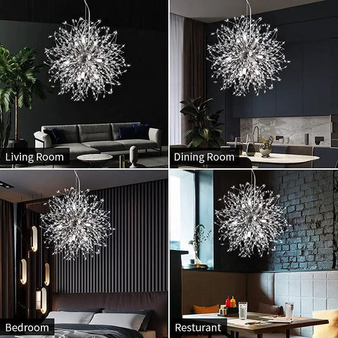 Eight Light Crystal Dandelion Chandelier Pendant Lights in Chrome Finish with Firework Design in various rooms