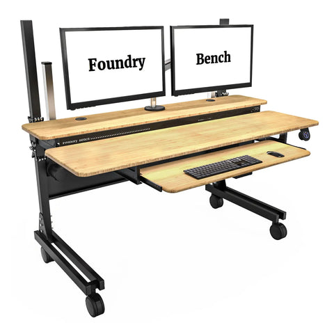 Smooth Bamboo Electric Standing Desk Riser 60 X 30 Inches With Motorized Lift And Easy Rolling Casters showing dual monitors and keyboard.