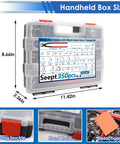 All In One Hose Clamp Kit With 350Pcs 5.3 To 51Mm Single Ear And Worm Gear Clamps In A Handy Portable Box, dimensions shown