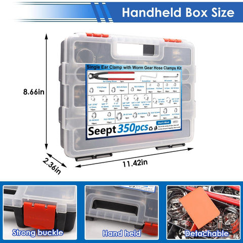 All In One Hose Clamp Kit With 350Pcs 5.3 To 51Mm Single Ear And Worm Gear Clamps In A Handy Portable Box, dimensions shown