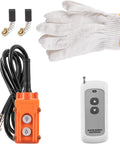 Top Rated Leomru 1100 Lb Electric Hoist Winch accessories: remote control, wired controller, gloves for safety.
