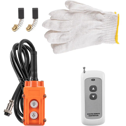 Top Rated Leomru 1100 Lb Electric Hoist Winch accessories: remote control, wired controller, gloves for safety.