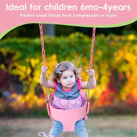 Child enjoying outdoor play in Pink Toddler Swing Seat With Heavy Duty High Back Full Bucket Design For Outdoor Play.