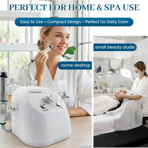 Woman using Hydro Facial Machine For Home And Spa Use With Hydrogen Oxygen Therapy Facial Vacuum Water Oxygen Spray Hydro Dermabrasion And Skin Care Device.