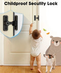 Childproof security lock on door with illustration of baby and dog, showing lock mechanism and child safety feature.