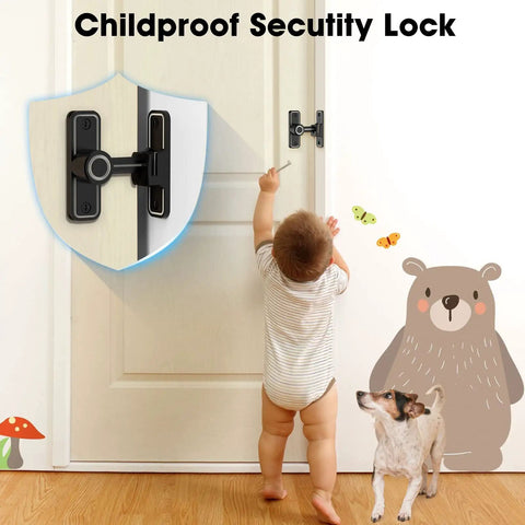 Childproof security lock on door with illustration of baby and dog, showing lock mechanism and child safety feature.
