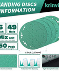 Premium 6 Inch 49 Hole Sanding Discs Assorted 80 To 320 Grit Pack Hook And Loop Polyester Film Backing on display.