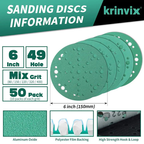 Premium 6 Inch 49 Hole Sanding Discs Assorted 80 To 320 Grit Pack Hook And Loop Polyester Film Backing on display.