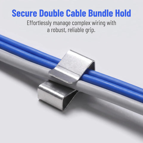 Heavy Duty Trailer Wire Clamps 25 Pack Stainless Steel Cable Management Brackets holding blue and gray wires securely in place.