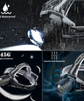 Ridiculously Bright Rechargeable LED Headlamp For Adults in rain showing waterproof feature and adjustable strap, 345g weight