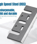 Top Shelf HSS Planer Blades Set Of Eight Heavy Duty Hand Planer Replacement Knives Built Tough For The Woodworking Shop Boasts Crisp Cuts Every Single Time For Reliable 3 1 4 Inch Model Compatibility - Close-up of a HSS planer blade showing sharp edge and precision cut.