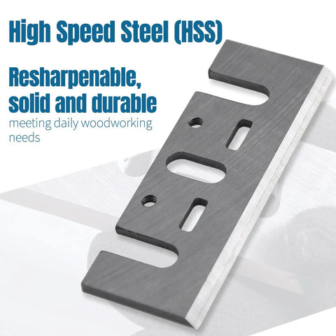 Top Shelf HSS Planer Blades Set Of Eight Heavy Duty Hand Planer Replacement Knives Built Tough For The Woodworking Shop Boasts Crisp Cuts Every Single Time For Reliable 3 1 4 Inch Model Compatibility - Close-up of a HSS planer blade showing sharp edge and precision cut.