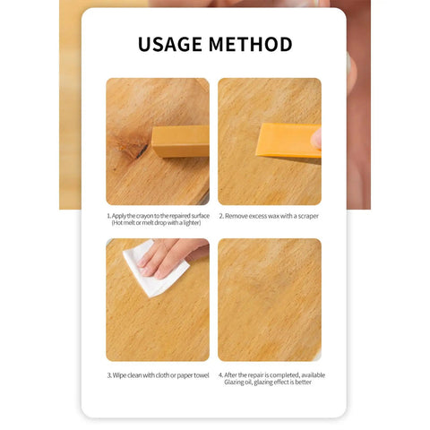 Usage method for Wax Repair Stick For Quick Fix On Wood Floors And Furniture Scratches, 11 Colors, Heat Activation, application steps