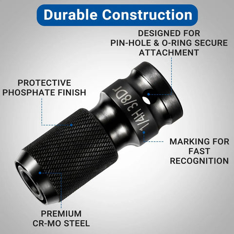 Close-up of Two Piece Three Eighths To One Quarter Inch Impact Wrench Adapter Set With Quick Release Bit Holder in CrMo Steel