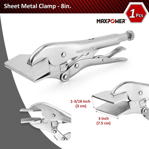 Sheet metal clamp from Pro Grade 15 Piece Locking Pliers Set, 8-inch tool, showcases detailed design for DIYers and pros.