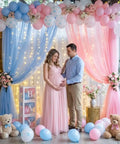 Pastel Pink and Blue Gender Reveal Balloons Set 60 Pack 12 Inch Includes 20 Pink 20 Blue 10 Pink Bow Print 10 Blue Bow Print Balloons Plus Ribbon for Easy Decorating Perfect for Baby Shower or Boy or Girl Reveal in nursery setting with pregnant couple