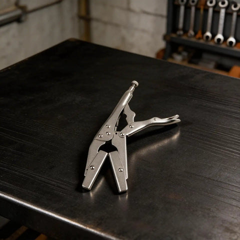 Heavy Duty Locking Radiator Hose Clamp Pliers With Strong Carbon Steel Jaws For Fast Welding Electrical Auto Repair And Quick Pinch Off Setup on metal surface.