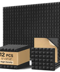 DIY Friendly Black Acoustic Foam Panels Twelve Inch Peel And Stick Sound Dampening Tiles Two Inch Thick Ultra Dense Fire Resistant on display