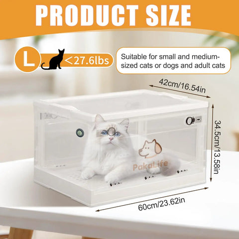 Portable Pet Atomization Tank For Dogs And Cats Inhaler Nebulizer with cat inside, showing size dimensions.