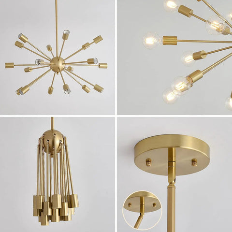 Sputnik Style Dope 15 Light Modern Ceiling Fixture Gleaming Gold Finish Semi Flush Mount Chandelier close-up angles