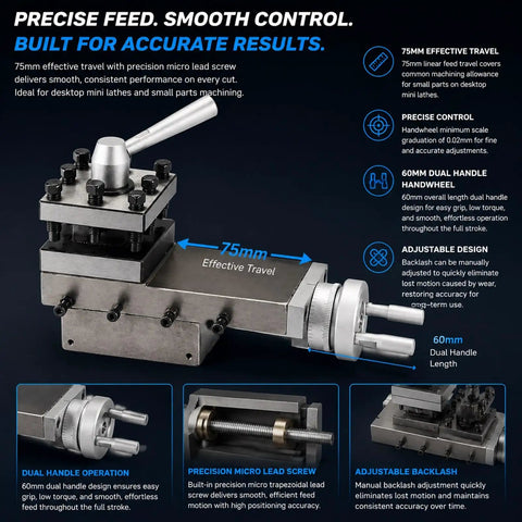 Heavy Duty Lathe Tool Post Assembly Featuring Smooth Cross Slide Motion Plus Dead Nuts Accurate Cast Iron Block Built Tough For Benchtop Hobbyists Handling Tight Spot Machining Jobs
