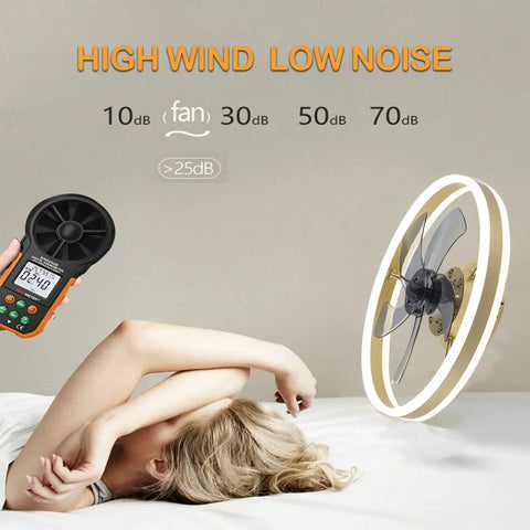 Woman resting under Flush Mount Ceiling Fan With Remote Control, 19.7 Inch Bladeless LED Light, showcasing low noise levels.