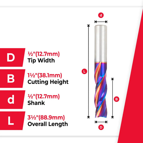Diagram of Spektra Extreme Tool Life USA Made Solid Carbide CNC Down Cut Spiral Plunge Router Bit 46216-K dimensions labeled
